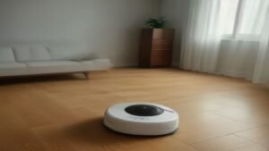 Aspirador robô Midea M7 navegando em uma sala de estar moderna com piso de madeira.