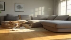 Aspirador vertical sem fio em uma sala de estar moderna ao lado de um sofá e um cachorro deitado no chão.