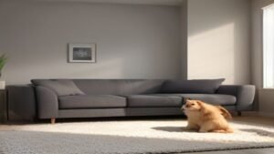Aspirador de pó vertical sem fio em uma sala de estar moderna ao lado de um sofá e um cachorro deitado no tapete.
