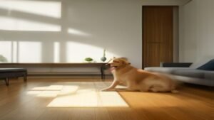 Pessoa utilizando aspirador de pó vertical sem fio para limpar o tapete de uma sala moderna ao lado de um cachorro.