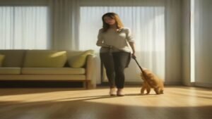Aspirador de pó sem fio para pelos de pets em uma sala de estar moderna ao lado de um cachorro em um tapete limpo.