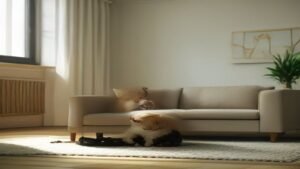 Pessoa utilizando aspirador sem fio Samsung Jet 65 Pet para remover pelos de animais de um sofá em sala iluminada