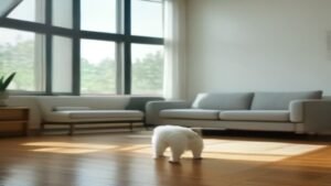 Aspirador sem fio Samsung Jet 65 Pet posicionado em uma sala de estar moderna e iluminada com um pet ao fundo.