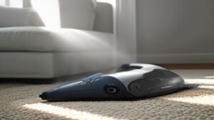 Aspirador vertical Samsung Jet 65 Pet sendo utilizado para remover pelos de animais de um sofá em uma sala moderna.