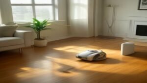 Aspirador vertical Samsung Jet 65 Pet posicionado em uma sala de estar limpa ao lado de um cão de estimação deitado em um tapete.