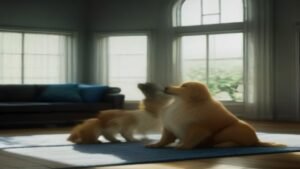 Pessoa utilizando aspirador de pó sem fio Samsung Jet 65 Pet em sala de estar moderna com um cachorro ao lado