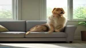 Pessoa limpando sofá com aspirador de pó em ambiente iluminado com um cão ao lado.