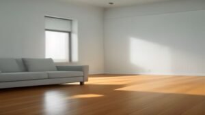 Aspirador de pó vertical sem fio em uma sala de estar moderna e iluminada, destacando seu design compacto.