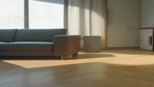 Aspirador vertical Samsung Jet 65 Pet posicionado em uma sala de estar moderna para demonstrar seu design ergonômico.