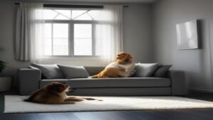 Pessoa utilizando o aspirador Samsung Jet 65 Pet para limpar pelos de cachorro de um sofá em uma sala iluminada.