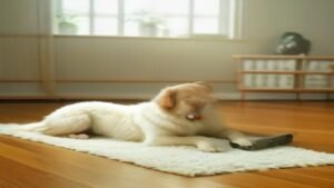 Pessoa utilizando aspirador de pó vertical moderno em sala de estar com cachorro ao lado
