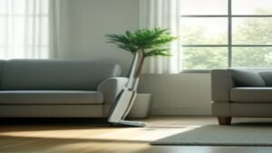 Aspirador de pó vertical sem fio em ambiente moderno de sala de estar com pet.
