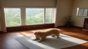 Aspirador de pó sem fio Samsung Jet 65 Pet em uma sala de estar moderna com um cachorro, demonstrando um ambiente limpo e pet-friendly.