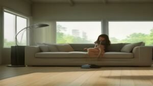 Pessoa utilizando o aspirador Samsung Jet 65 Pet em uma sala de estar iluminada.