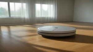 Robô aspirador de pó inteligente em funcionamento no piso de madeira de uma sala de estar moderna e iluminada.