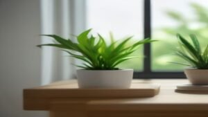 Dispositivo tecnológico com design minimalista sobre mesa de madeira em ambiente residencial moderno e iluminado.
