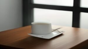 Smartphone moderno com tela brilhante e acabamento metálico repousando sobre uma mesa de madeira organizada.