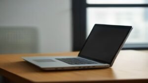 Smartphone moderno em uma mesa de escritório ao lado de um laptop, representando a análise de preços e segurança na compra de eletrônicos.