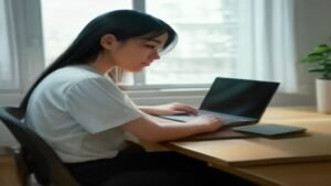 Pessoa em um home office moderno pesquisando ofertas de tecnologia e eletrônicos online no notebook.