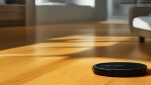 Robô aspirador Xiaomi S40 operando em um piso de madeira em uma sala de estar moderna e iluminada.