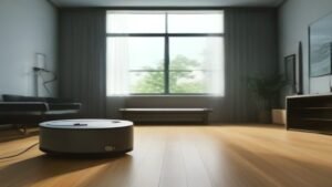 Robô aspirador Xiaomi S40 operando em um ambiente doméstico moderno com design minimalista.