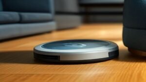 Aspirador robô Xiaomi com sensor LiDAR visível sobre piso de madeira em uma sala de estar moderna.
