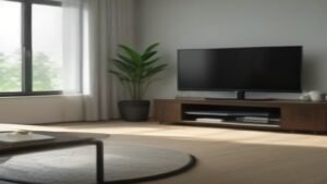 Sala de estar moderna com TV Xiaomi S40 e assistente virtual Amazon Echo integrados.