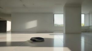 Robô aspirador Xiaomi S40 passando pano em piso de porcelanato de uma casa moderna
