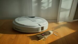 Robô aspirador Xiaomi S40 operando em uma sala de estar próxima a um cão de estimação.