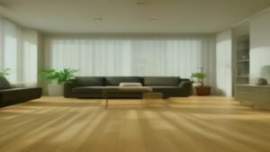 Robô aspirador Xiaomi S40 trabalhando em sala de estar moderna com um cão ao fundo.