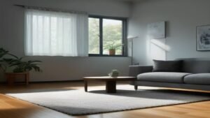 Aspirador robô Xiaomi S40 limpando um tapete em uma sala de estar moderna.