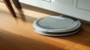 Pessoa realizando a manutenção e limpeza do aspirador robô Xiaomi S40 sobre um piso de madeira.