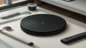 Aspirador robô Xiaomi S40 desmontado com peças de reposição e ferramentas sobre uma mesa limpa.