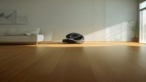 Robô aspirador moderno Xiaomi realizando limpeza em uma sala de estar minimalista com iluminação natural.