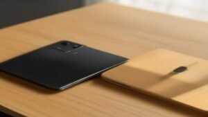 Dois smartphones de diferentes gerações colocados lado a lado em uma mesa de escritório limpa, simbolizando o comparativo de tecnologia.